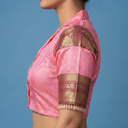 Blazer Collar Neck pure silk pattu  Blouse with Patches On Sleeves | S3B45