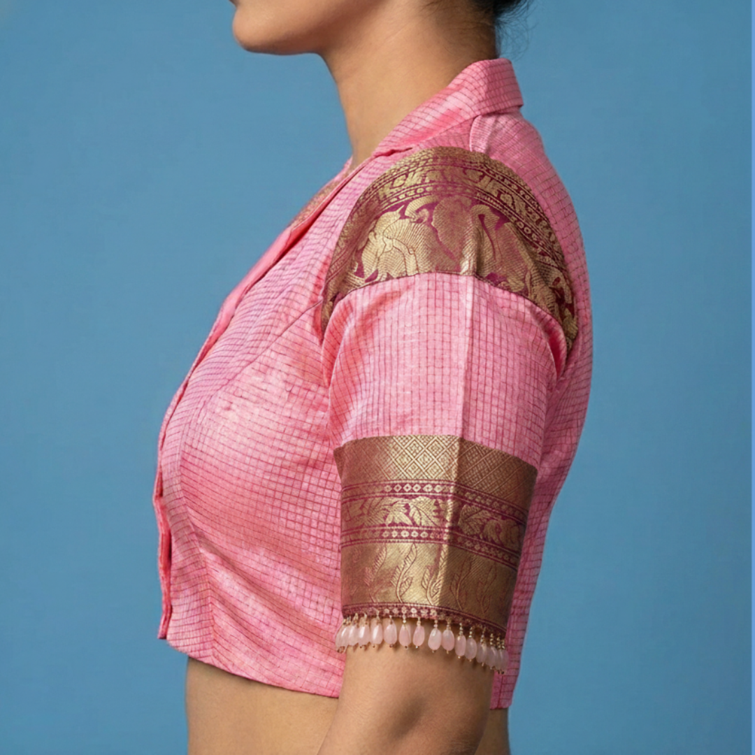 Blazer Collar Neck pure silk pattu  Blouse with Patches On Sleeves | S3B45