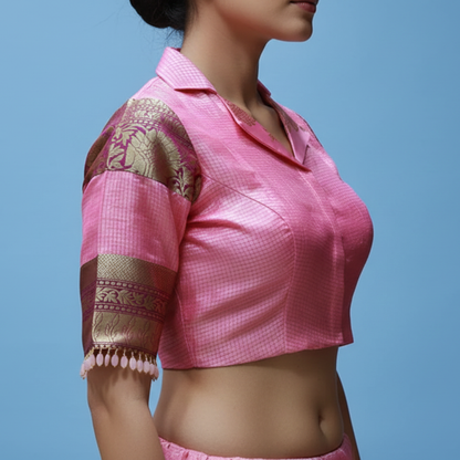 Blazer Collar Neck pure silk pattu  Blouse with Patches On Sleeves | S3B45