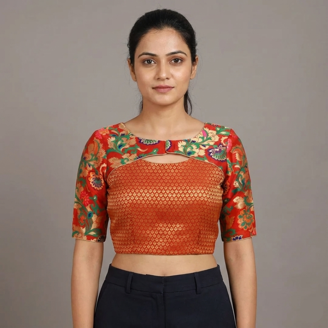 Red Floral Printed Pattu  Neck Pattu Blouse | S3B1235