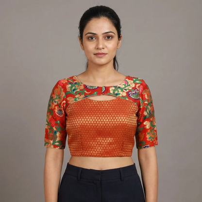 Red Floral Printed Pattu  Neck Pattu Blouse | S3B1235