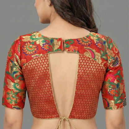 Red Floral Printed Pattu  Neck Pattu Blouse | S3B1235