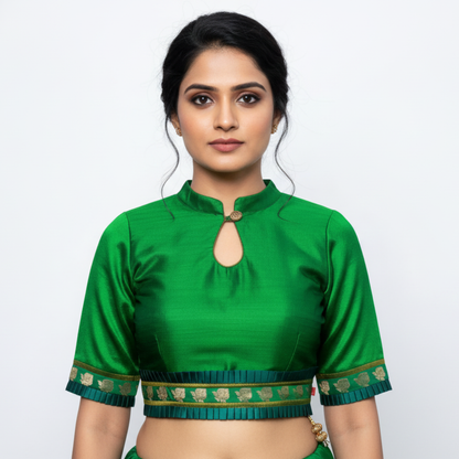 Mandarin Collar Neck Slimy Green Elbow Sleeves with Embellished Belt Blouse | S3B34