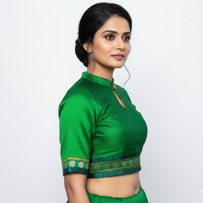 Mandarin Collar Neck Slimy Green Elbow Sleeves with Embellished Belt Blouse | S3B34