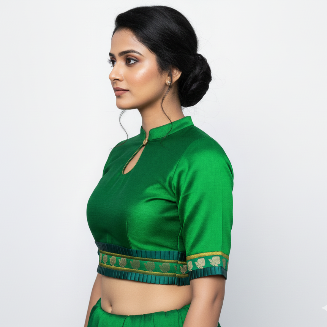 Mandarin Collar Neck Slimy Green Elbow Sleeves with Embellished Belt Blouse | S3B34