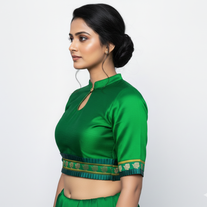 Mandarin Collar Neck Slimy Green Elbow Sleeves with Embellished Belt Blouse | S3B34
