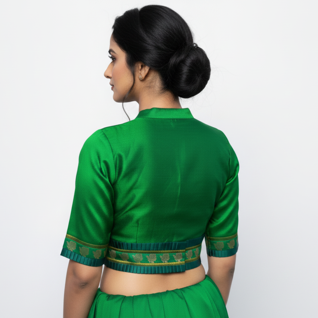 Mandarin Collar Neck Slimy Green Elbow Sleeves with Embellished Belt Blouse | S3B34