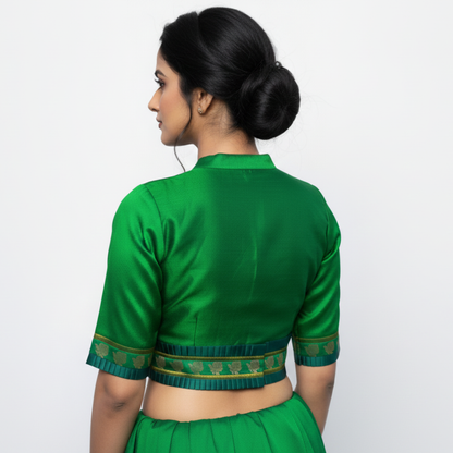 Mandarin Collar Neck Slimy Green Elbow Sleeves with Embellished Belt Blouse | S3B34