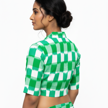Green and White Checks Collared Neck Blouse  |S3B32