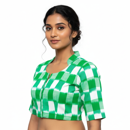 Green and White Checks Collared Neck Blouse  |S3B32