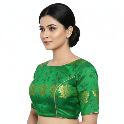 Green Printed Princess Cut Boat Neck Blouse  | S3B31