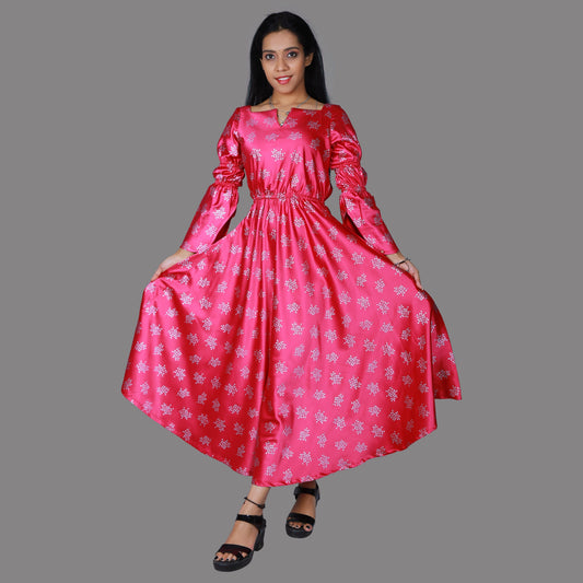 Pink Satin Clinched waist Floral Print Long Gown | S3G1098