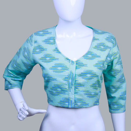 Light Blue Ikkat Round Neck with 3/4 Sleeves Blouse | Ikkat Round Neck