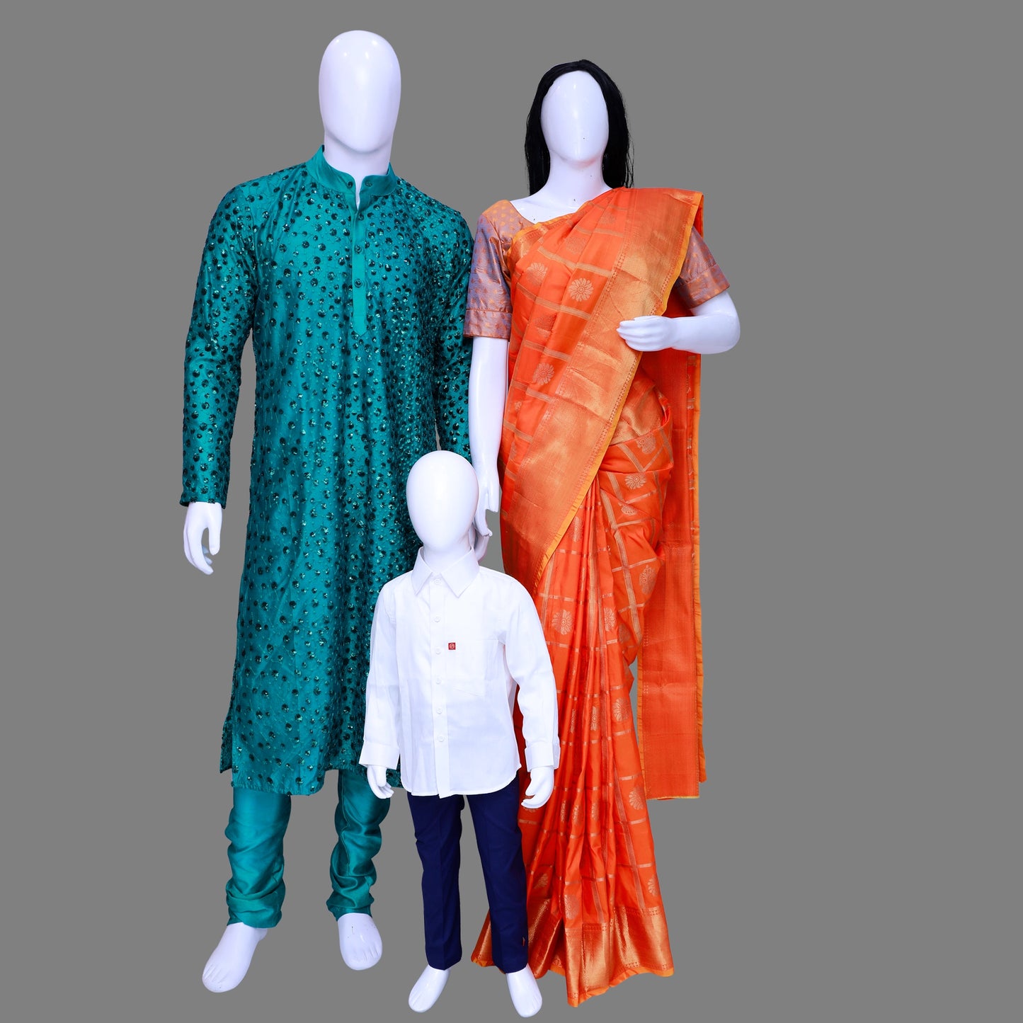 Men's Kurta Pyjama ,Women Saree & Baby Boy Combo | S3MBGFC1