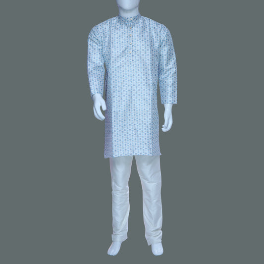 White Printed Men's Kurta | White Kurta Set