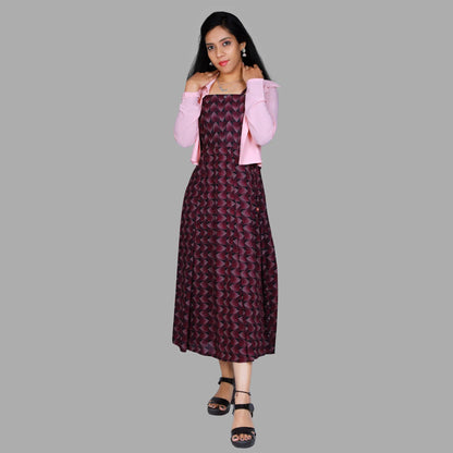 Maroon Abstract Printed Sleeveless One Piece Dress with jacket | S3D028
