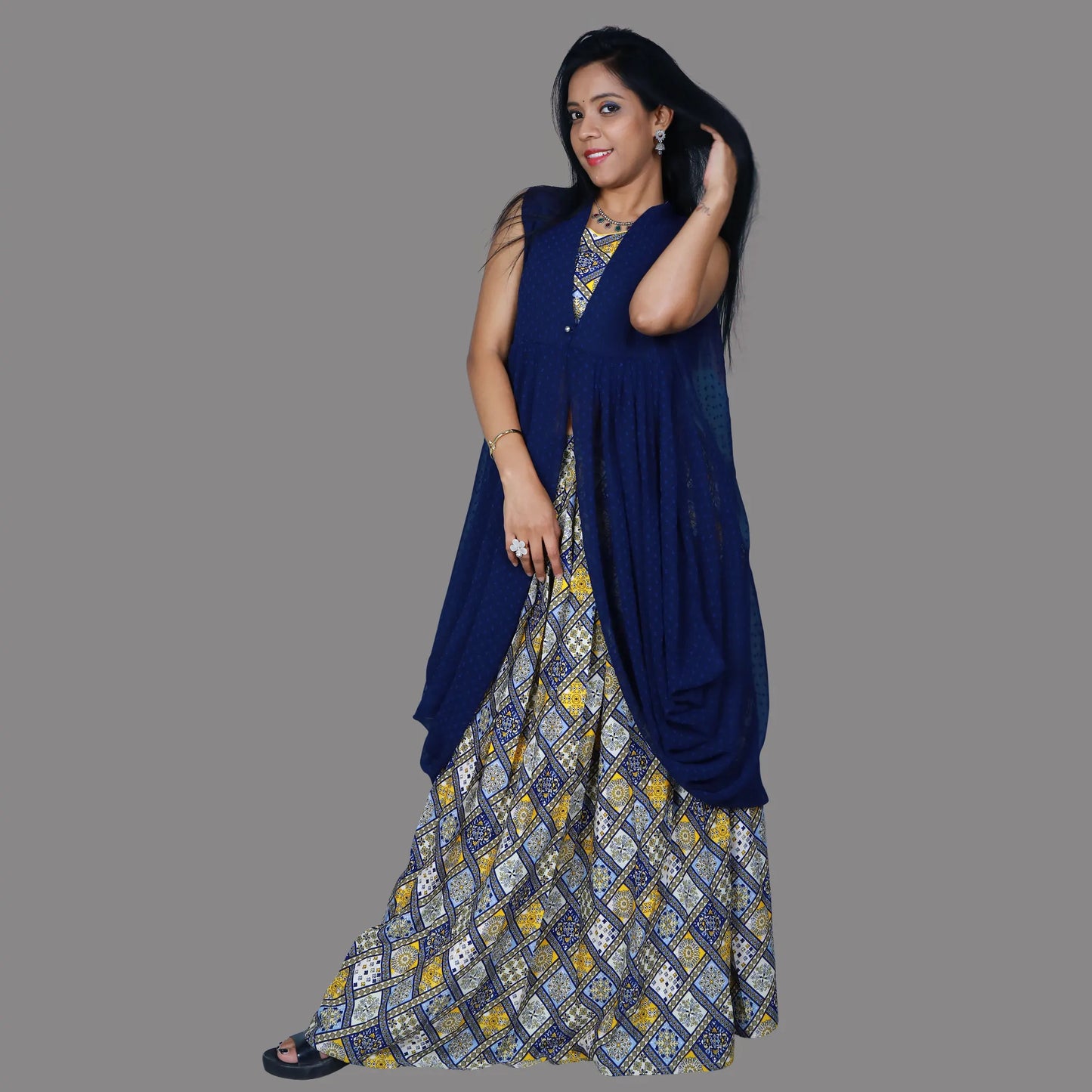 Women's Navy Blue Printed Straight Top with Skirt and Shrug | S3SBL1219
