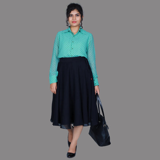 Mint Green Texture Shirt and Black Midi Skirt | S3TK1228