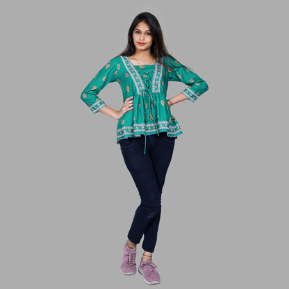 Green Printed Peplum Top | S3ST1070