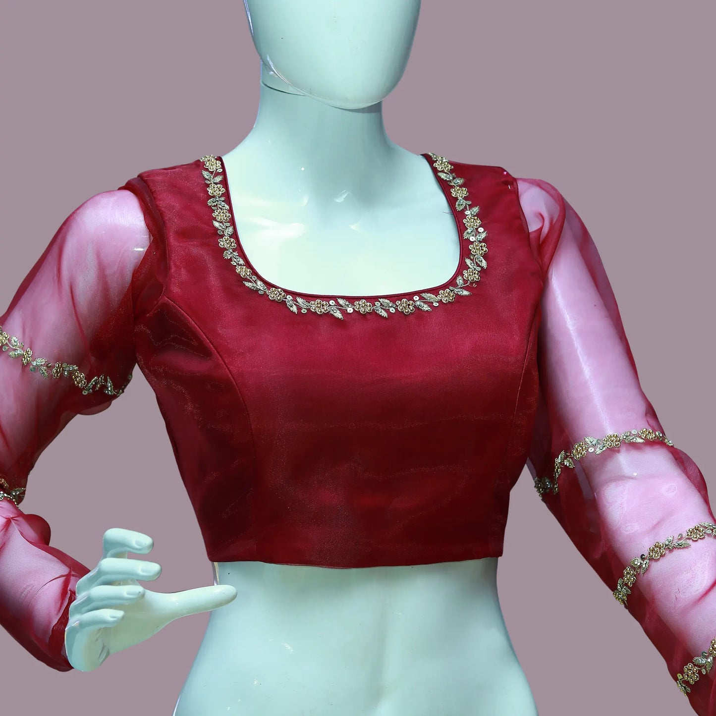 Maroon Organza Maggam Work Blouse | S3B1259