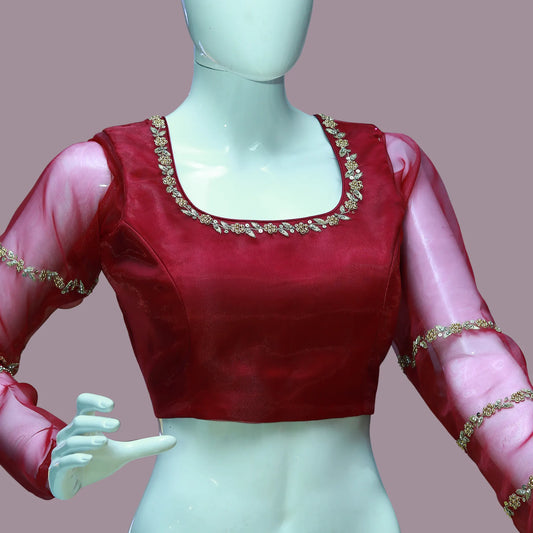 Maroon Organza Maggam Work Blouse | S3B1259