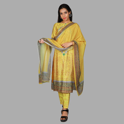 Mustard Yellow Printed 3 Piece Kurta Set | S3K1095