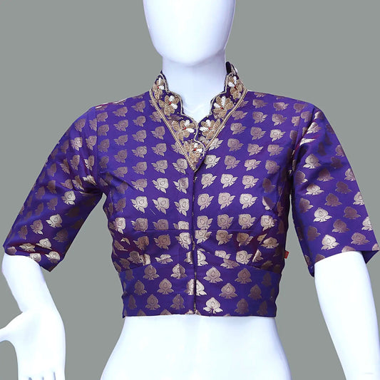 Blue Banarasi Brocade with Heavy Maggam Work On Collar Neck Blouse | Blue Banarasi
