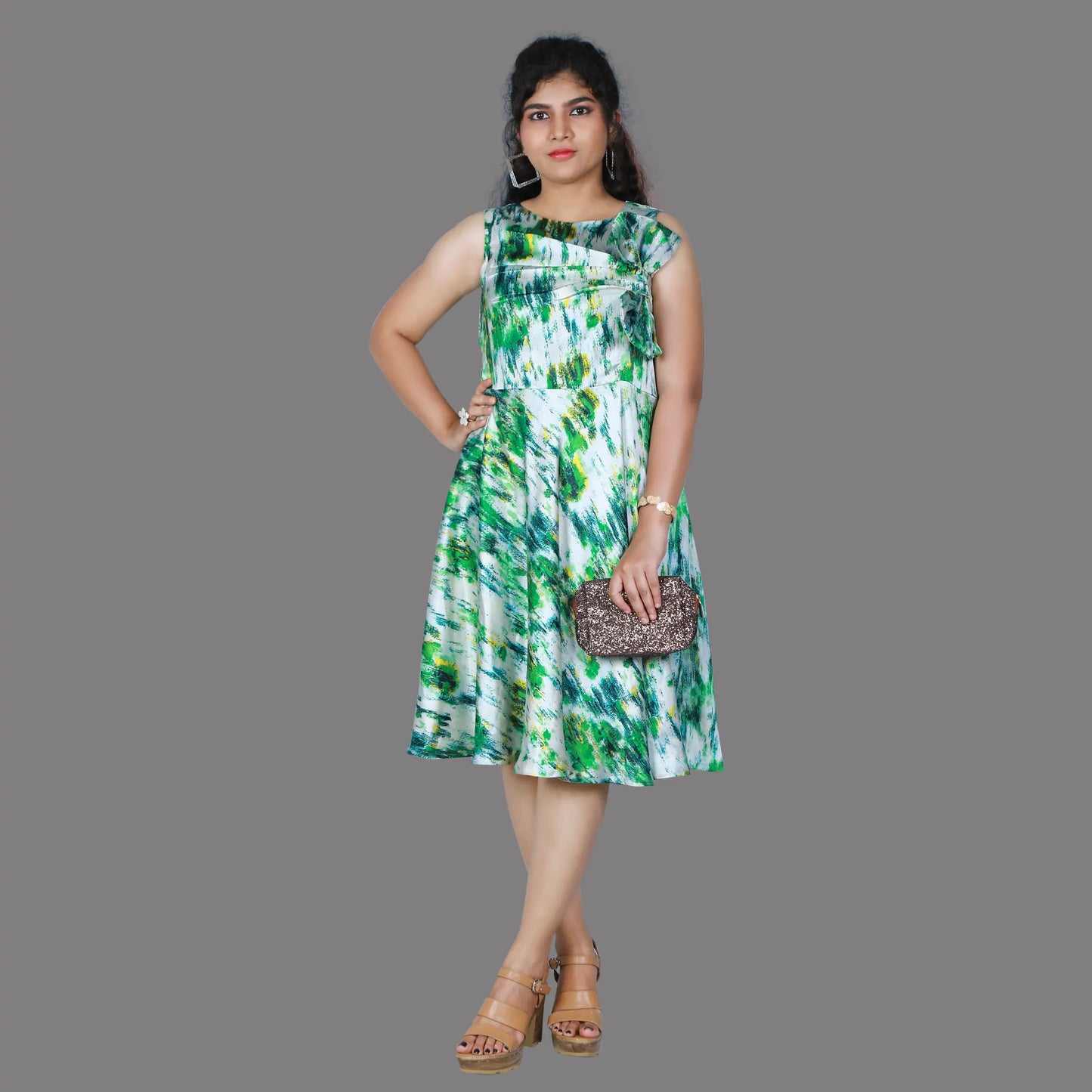 Green Abstract Printed Bow Style Draped Gown | S3G1257