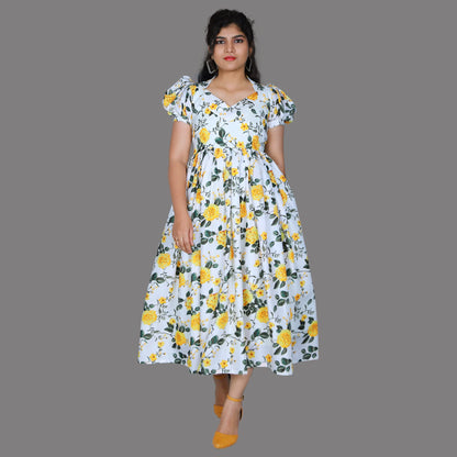 White Floral Puff Sleeves Gown | S3G1136
