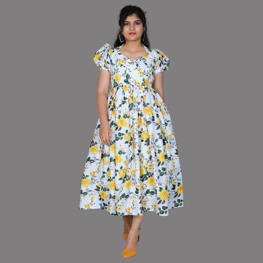 White Floral Puff Sleeves Gown | S3G1136