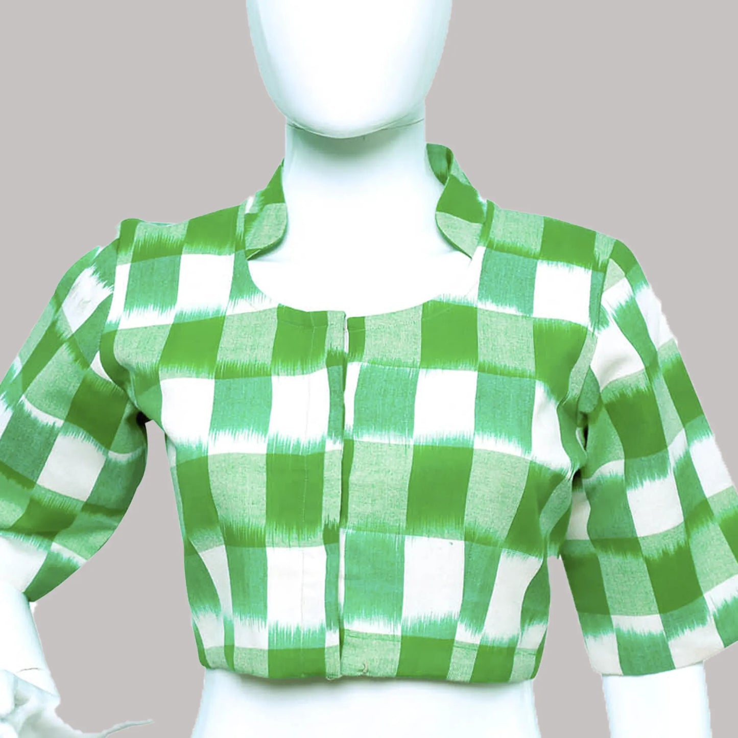 Green and White Checks Collared Neck Blouse  |S3B32