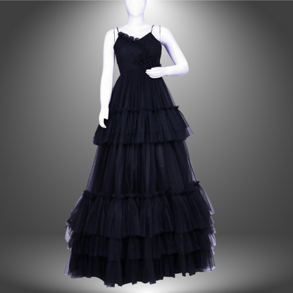 Black Netted Sleeveless Layered long Frock | Layered long Frock