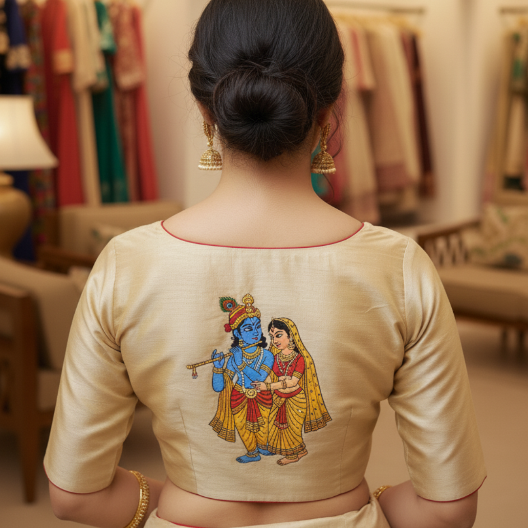 Exquisite Handcrafted Blouse Embellished with Radha Krishna Painting and Maggam Work Blouse | Radha Krishna