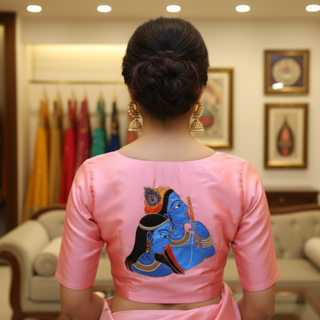Pink Hand Painting and Maggam Work Blouse | S3B1277
