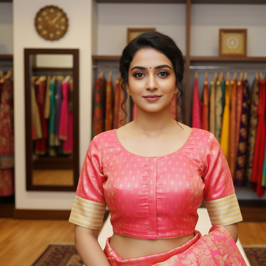 Pink Printed Back Keyhole Neck Pattu Blouse | Pink back Keyhole