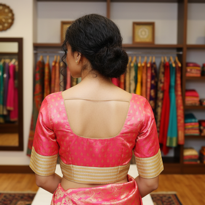 Pink Printed Back Keyhole Neck Pattu Blouse | Pink back Keyhole