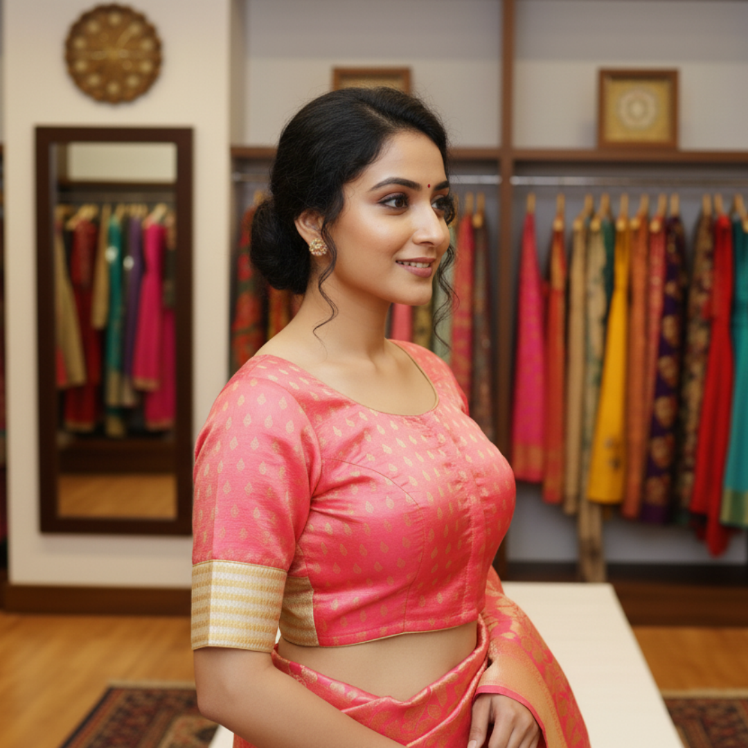 Pink Printed Back Keyhole Neck Pattu Blouse | Pink back Keyhole