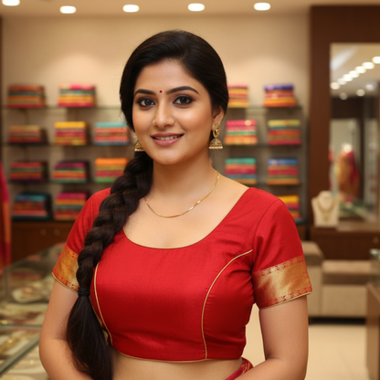 Red Round Neck Princess Cut Pattu Blouse | Red Pattu