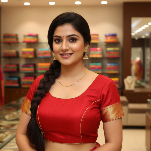 Red Round Neck Princess Cut Pattu Blouse | Red Pattu