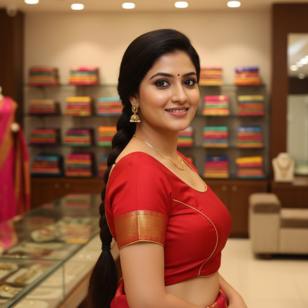 Red Round Neck Princess Cut Pattu Blouse | Red Pattu