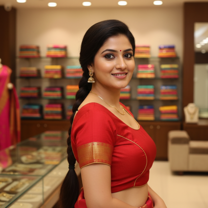 Red Round Neck Princess Cut Pattu Blouse | Red Pattu