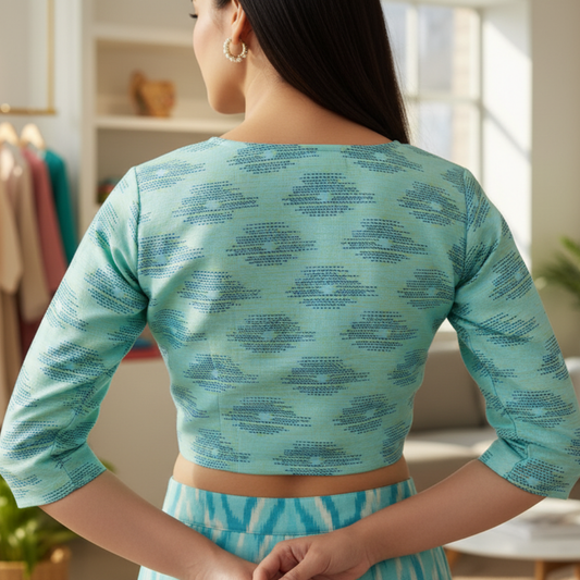 Light Blue Ikkat Round Neck with 3/4 Sleeves Blouse | Ikkat Round Neck
