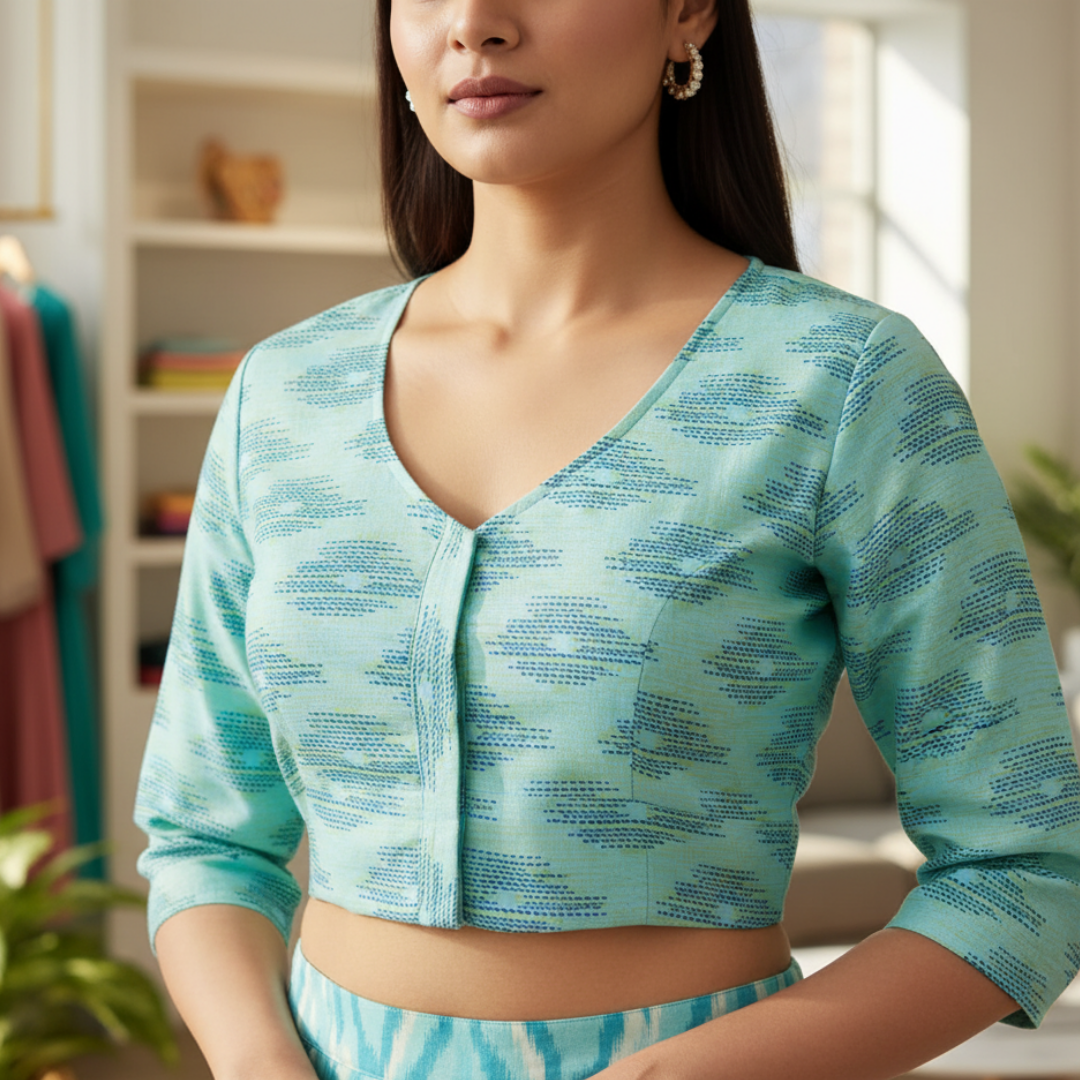 Light Blue Ikkat Round Neck with 3/4 Sleeves Blouse | Ikkat Round Neck
