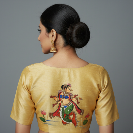 Tanjore Art Rajasthani Hand-Crafted Painting Blouse – Antique Gold | Heritage Ethnic Wear | S3MB56