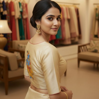 Exquisite Handcrafted Blouse Embellished with Radha Krishna Painting and Maggam Work Blouse | Radha Krishna