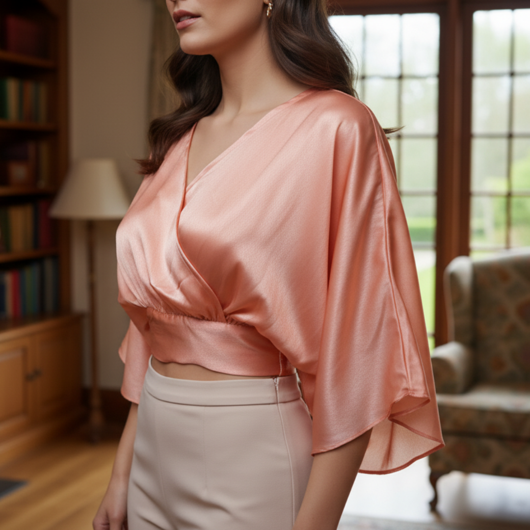 Peach Overlapped Satin Designer Blouse | Peach Overlapped
