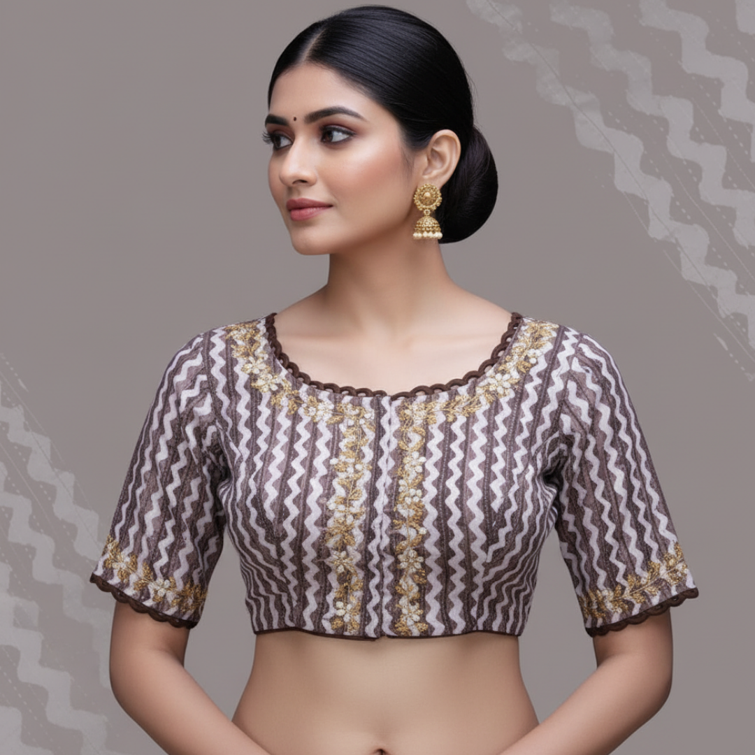 White and Maroon design blouse rings neck line.