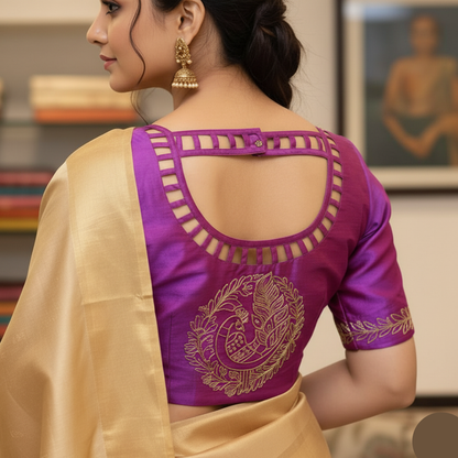 Purple Round Peacock Butta Zardosi Handi Craft Blouse | Zardosi Handi Craft