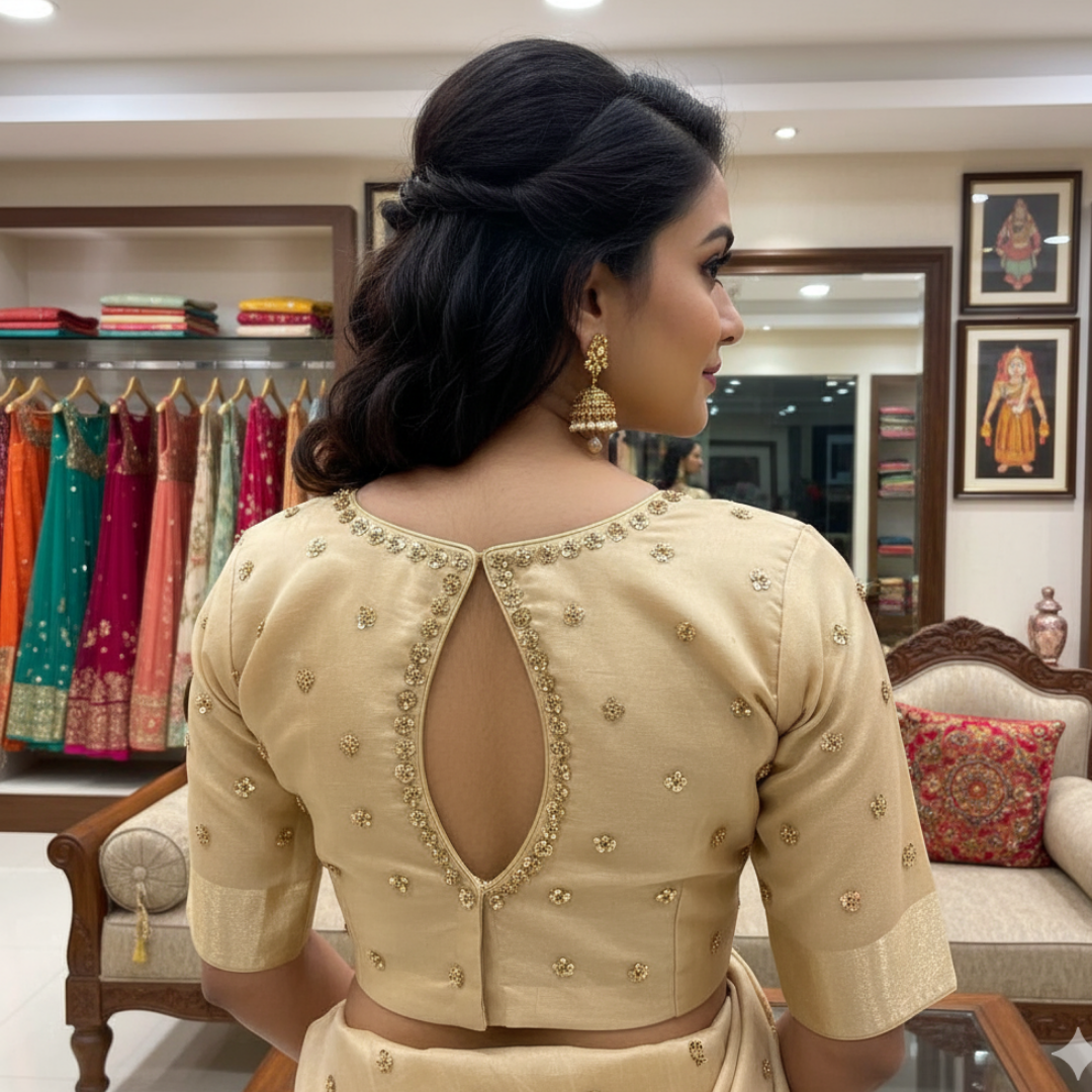 High Neck Backopen Sequence Maggam Work- Beige Netted Blouse | Keyhole Neckline