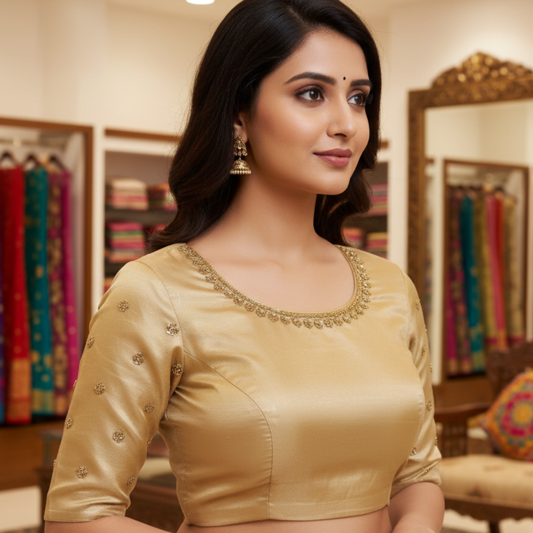 High Neck Backopen Sequence Maggam Work- Beige Netted Blouse | Keyhole Neckline